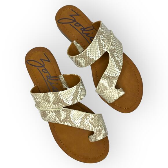 Zodiac Women's Yuma 2 Thong Flat Sandals 9.5 Birch Multi Cream Tan Snake Print - Picture 1 of 8